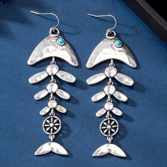 Vintage Inspired Boho Fish Bone Dangle Earrings With Turquoise Accents - Picture 6 of 13